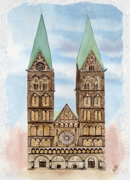 Postkarte DIN-A5 Aquarell Maritim Kunst Druck Kunstdruck Bremen Bremer Dom Souvenir Souvenirs
